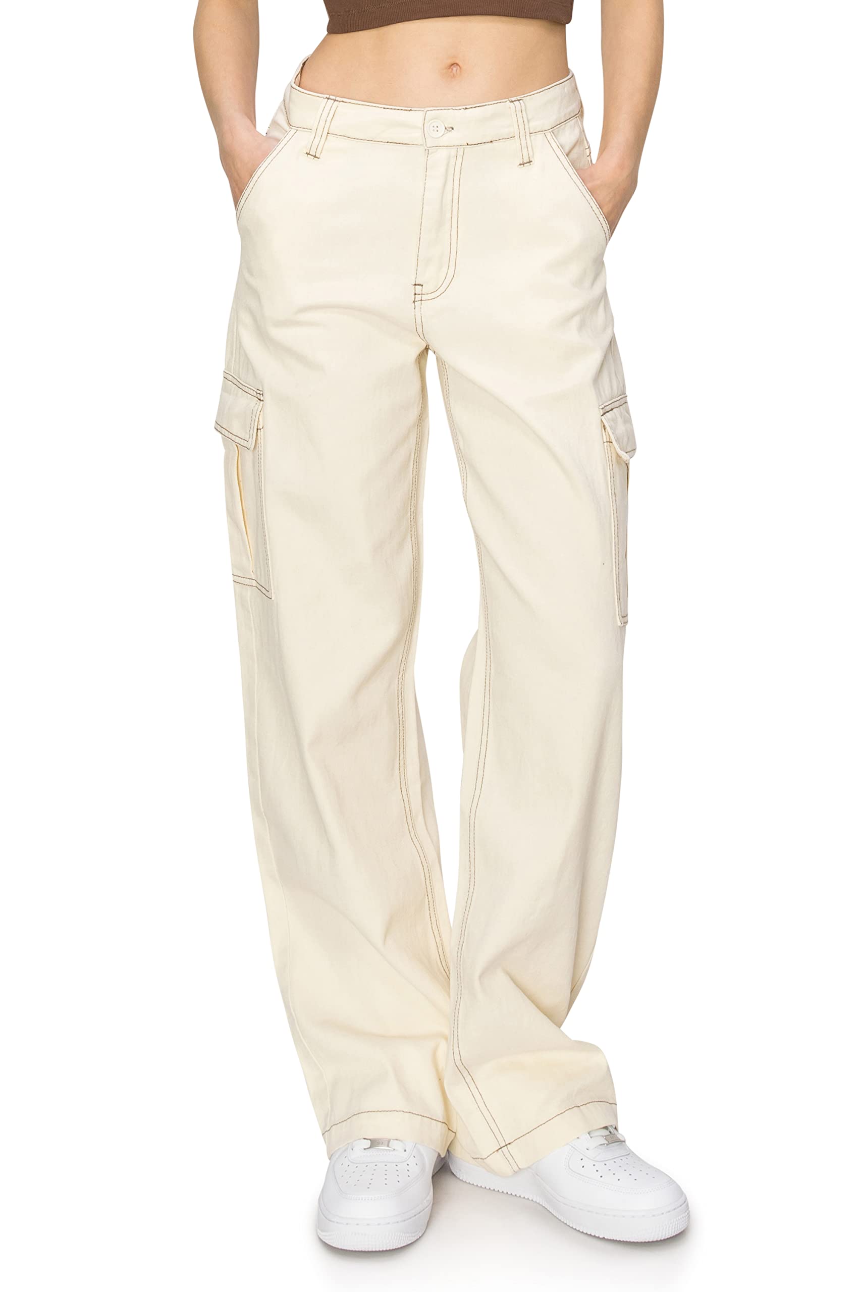 Cali1850 Womens Straight Leg Cargo Pants - High Waisted Contrast Stitch Twill Fabric Casual Multi Pockets Trousers