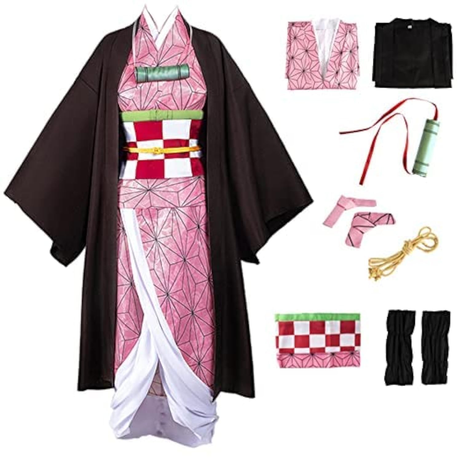 Nezuko Cosplay Costume Kimono for Adult Girls Robe Japanese Anime Costume Halloween Kimono Outfit With Bamboo Props Wig