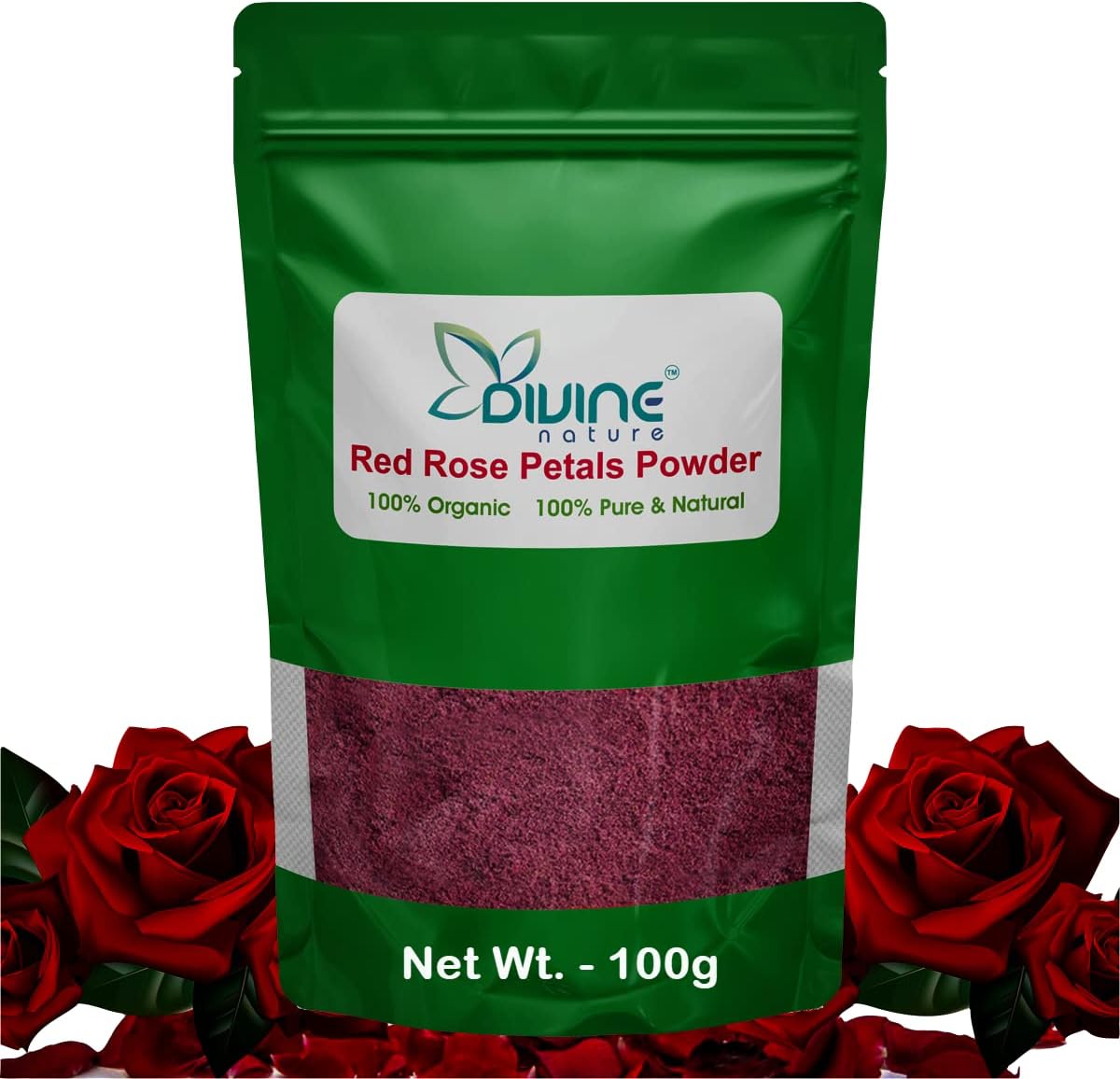 Divine Nature 100% Pure & Natural Organic Red Rose Petal Powder For Skin, Face Pack Mask for Fairness, Tanning & Glowing Skin - (100 Gm)
