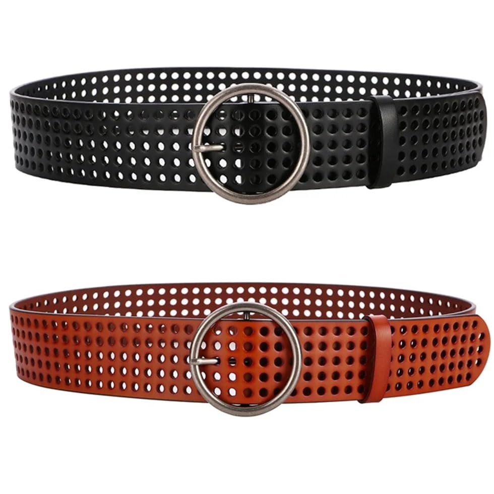Pohullan Women Belt For Dress Hollow Out Leather Wide Waist Belt Round Buckle Solid Holes Belt2