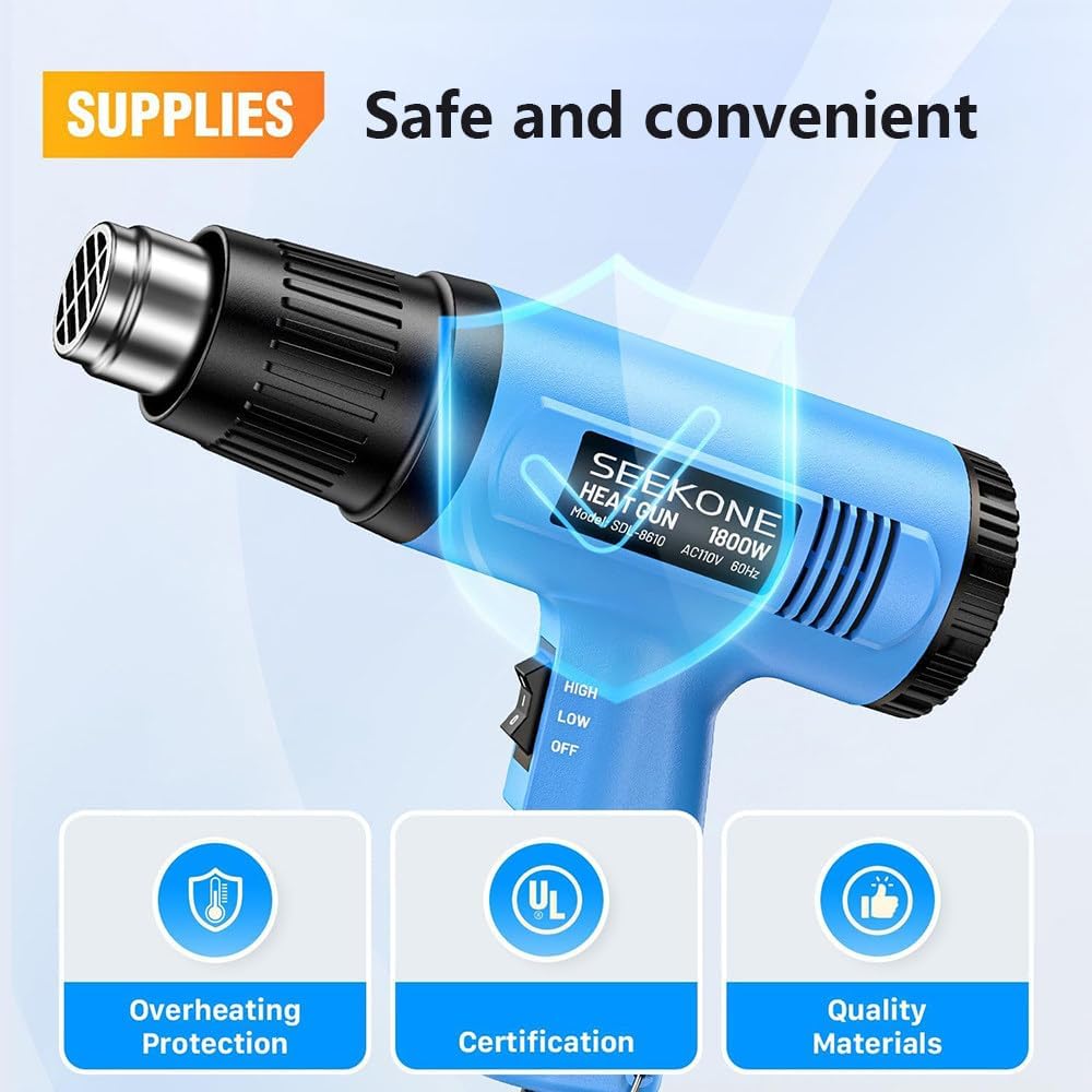 1800W Hot Air Gun, 300℃-500℃ Temperature Range, Two Wind Speeds, Digital Display, Double-Layer Insulation, Overheat Protection, Suitable for Heat Shrink Tubing and Paint Stripping