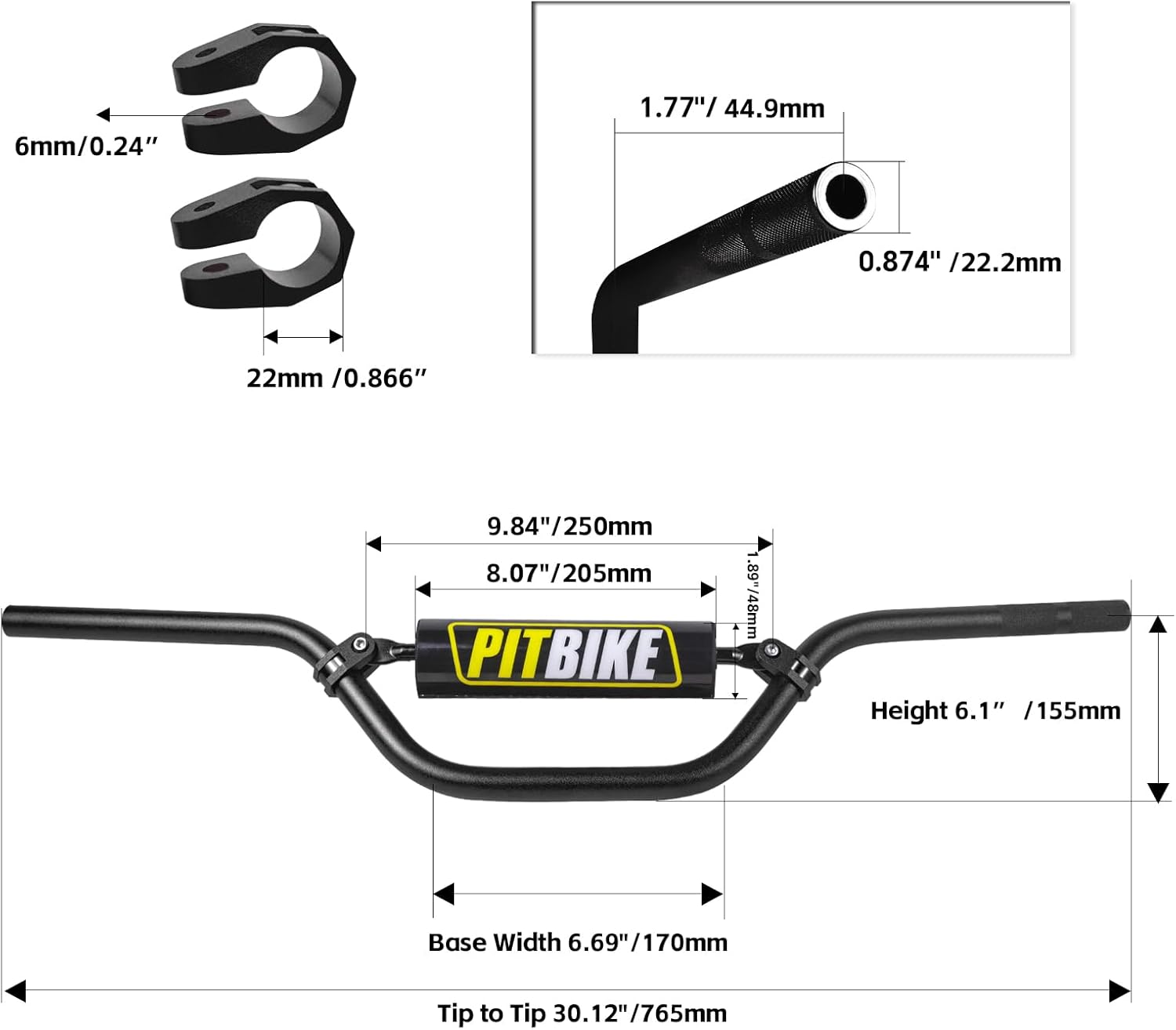 Motorcycle Handlebars Aluminum 7/8 Motorcycle Handlebars with Foam Pad for Motocross CRF YZF KXF KLX RMZ DRZ PitBike Dirt Bike and ebike (Black)