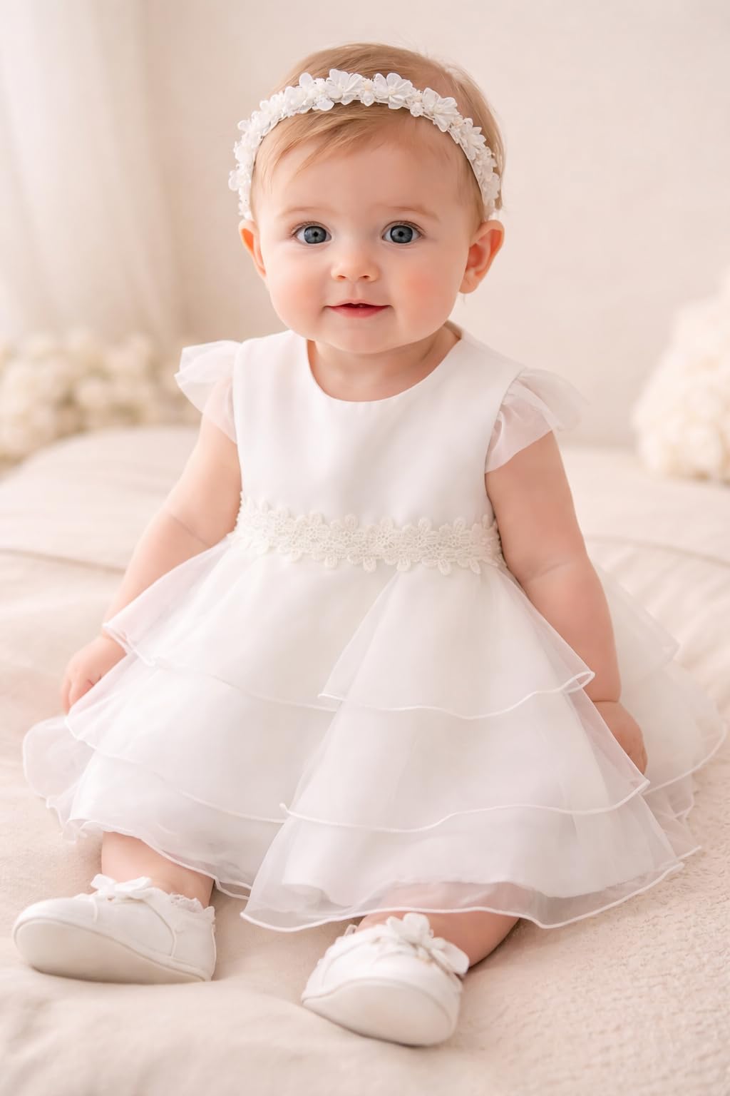 IDO Abito Vestito Cerimonia Battesimo neonata 18 Mesi - 86 cm Color Avorio con 3 Balze in Tulle