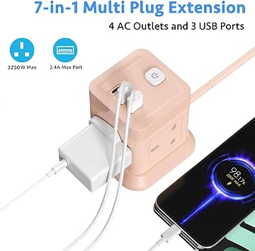 Cube Extension Lead with USB Slots, BEVA 4 Way Multi Plug Power Strip with 3 USB Ports, 3M Desktop Power Extension Socket Extension Cords for Home Dorm Office Travel-Pink
