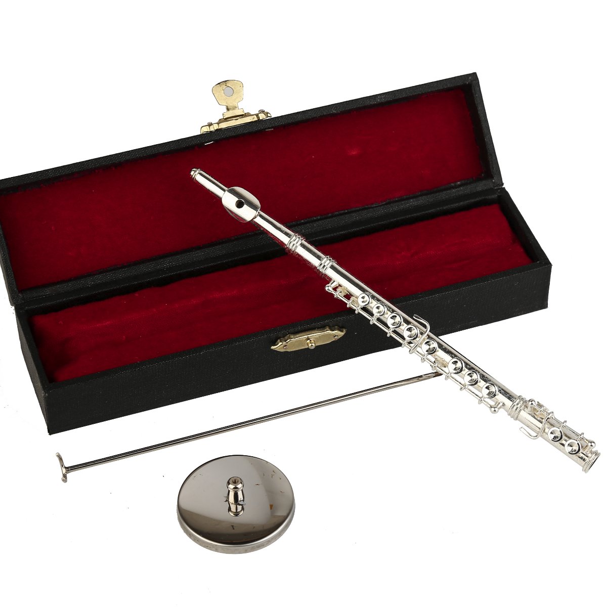 Dselvgvu Miniature Flute with Stand and Case Brass Mini Musical Instrument Flute Replica Collectible Figurines Dollhouse Accessories Model Home Decoration Display Ornament (Silver, 7.09