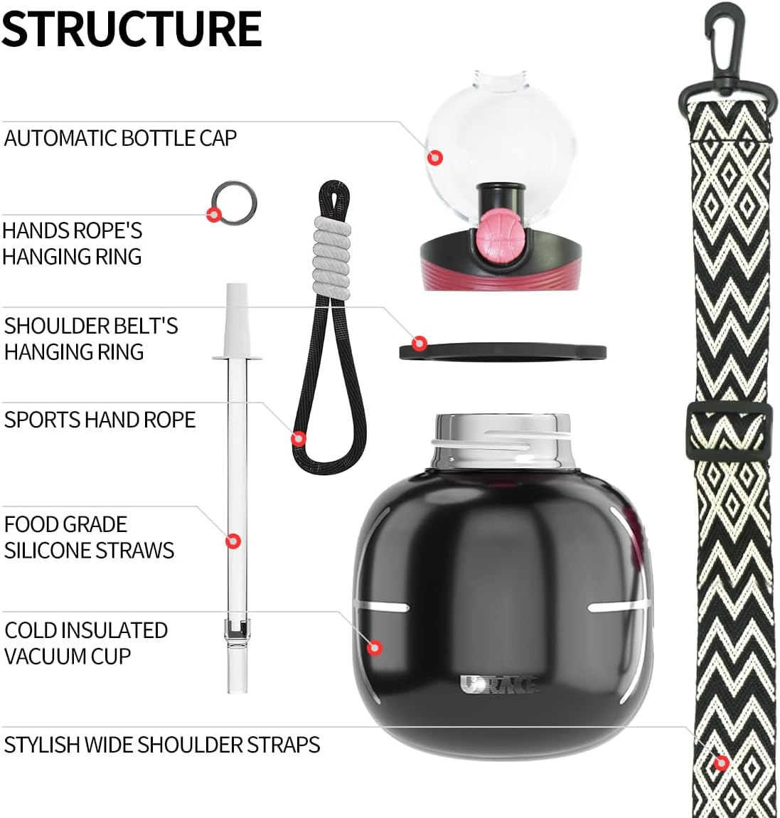 Stainless Steel Sports Water Bottle with Silicone Straw and Shoulder Strap BPA-Free Tritan Water Jug Double Wall for Outdoor Gym Sports 800ML/27.05 oz, Black