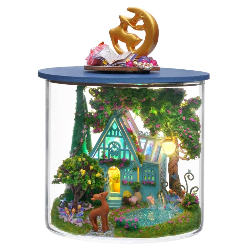 DIY Miniature Dollhouse Kit, CUTEROOM Dream Bottle Miniature House Kit with Furniture and LED, Wooden Dollhouse Kit, Tiny House Best Birthday Gift for Women and Girls (Fantasy Wonderland)