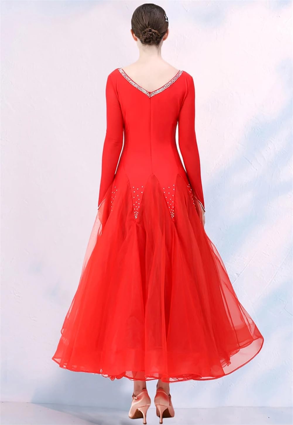 Vsadsau Women Gauze Stitching Rhinestones Ballroom Dance Competition Dress Waltz Dress Ball Gown