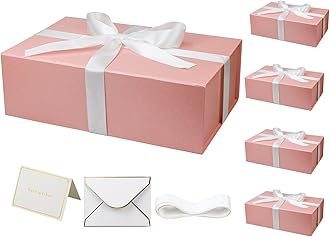 YINUOYOUJIA 5 Pack Large Pink Gift Boxes with Lid,14"x9"x4.5" Magnetic Gift Box with Ribbon,Cards and Envelopes for Presents,Great for Wedding,Birthdays,Crafting,Gift Packaging.
