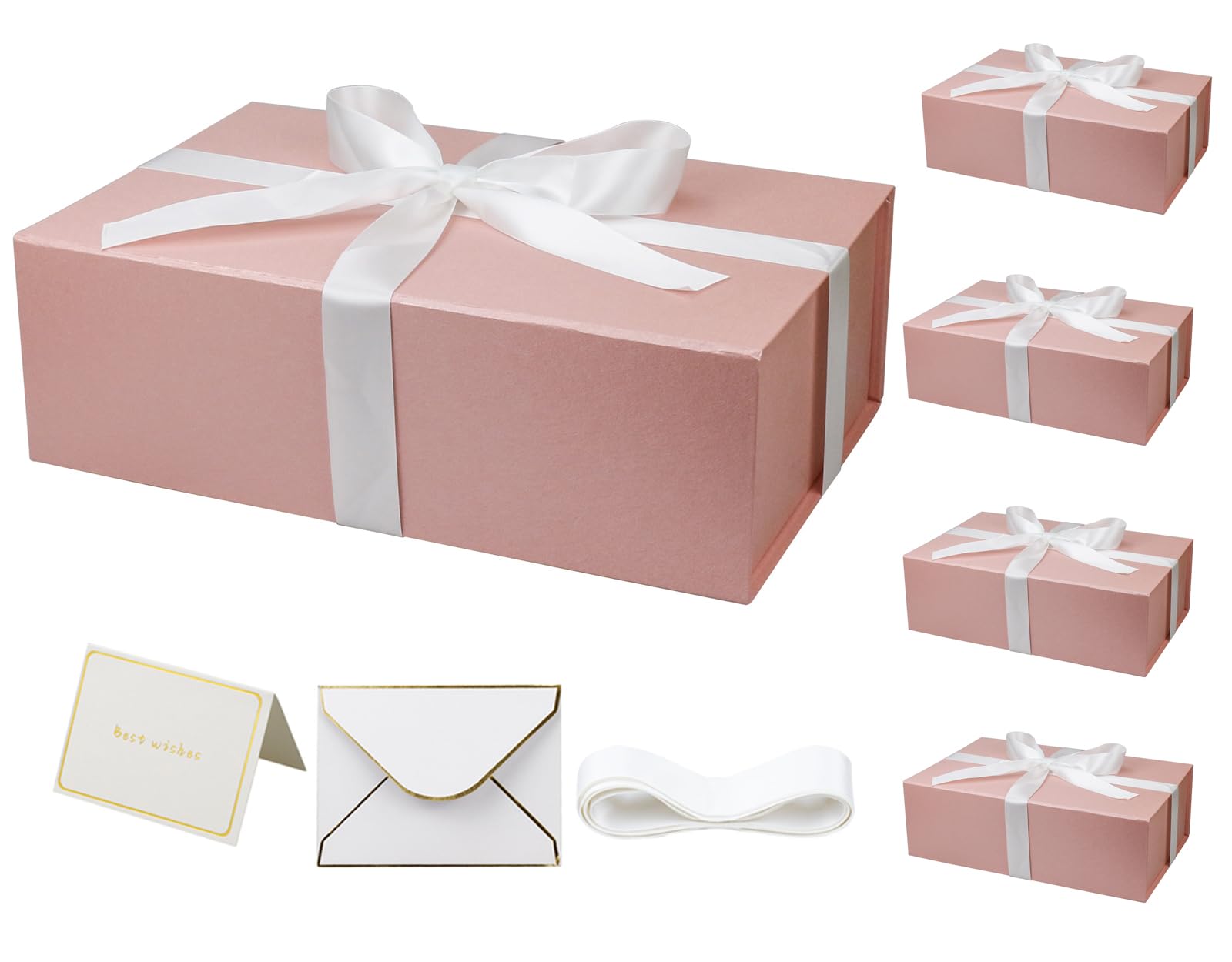 YINUOYOUJIA 5 Pack Pink Gift Boxes with Lid,14"x9"x4.5" Magnetic Gift Box with Ribbon,Cards and Envelopes for Presents,Great for Wedding,Birthdays,Crafting,Gift Packaging.
