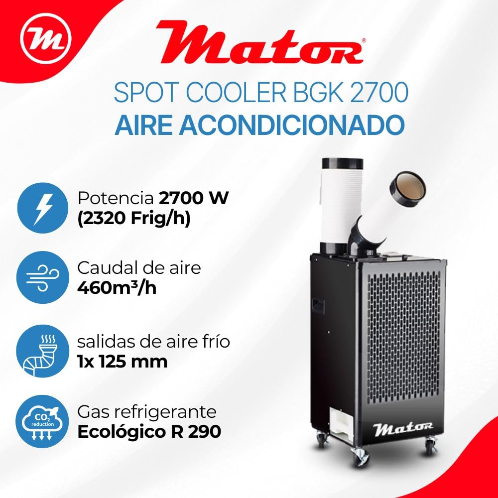 Aire acondicionado portátil Spot Cooler BGK-2700 2700W, 2320 Frig/h, aire frío potente, portátil con ruedas, silencioso, climatización profesional.