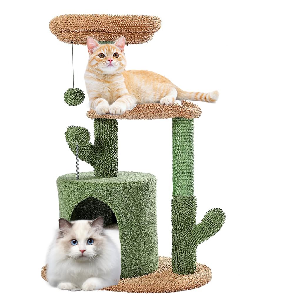LENND Cat Tree 83cm Cactus Cat Tower with Sisal Covered Scratching Post, Cozy Condo, Plush Perches and Fluffy Balls for Indoor Cats