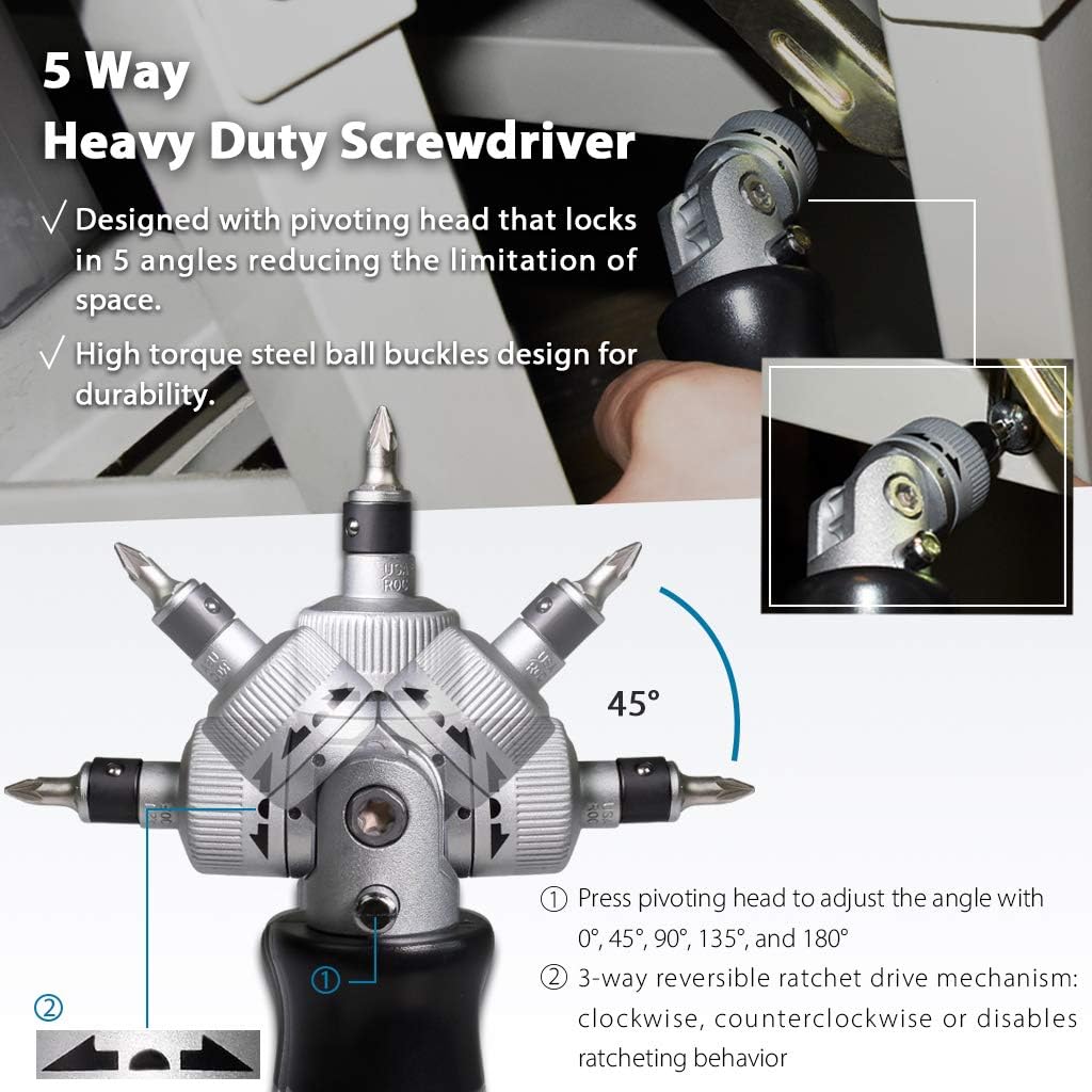 FIRSTINFO High Torque Ratchet Screwdriver, Heavy Duty Nut Screwdriver, 5-Way Works - Image 3