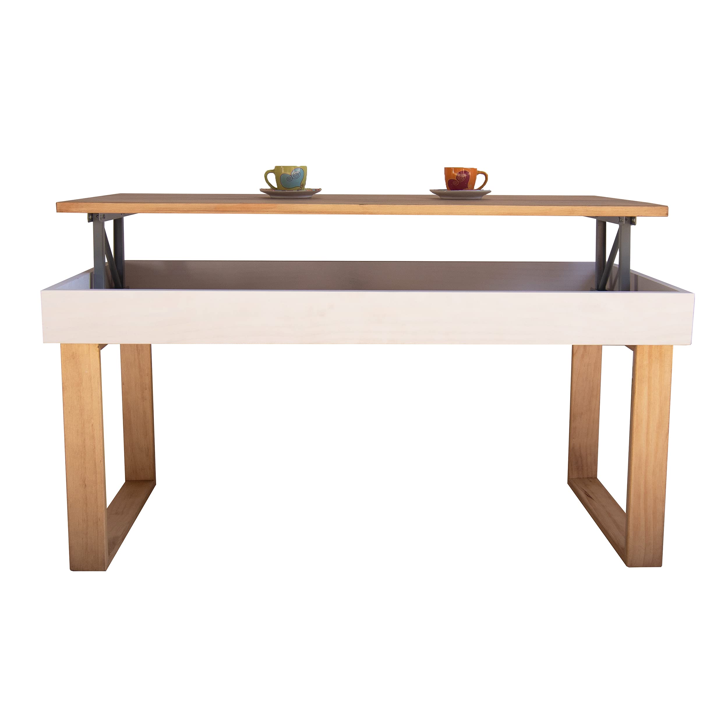 LoMasCasa - Mesa de Centro Modelo Ebro Elevable de Madera Maciza de Pino Natural con Patas de Madera - Color Blanco y Madera -Estilo Nórdico - Medidas 100x50x48 cm
