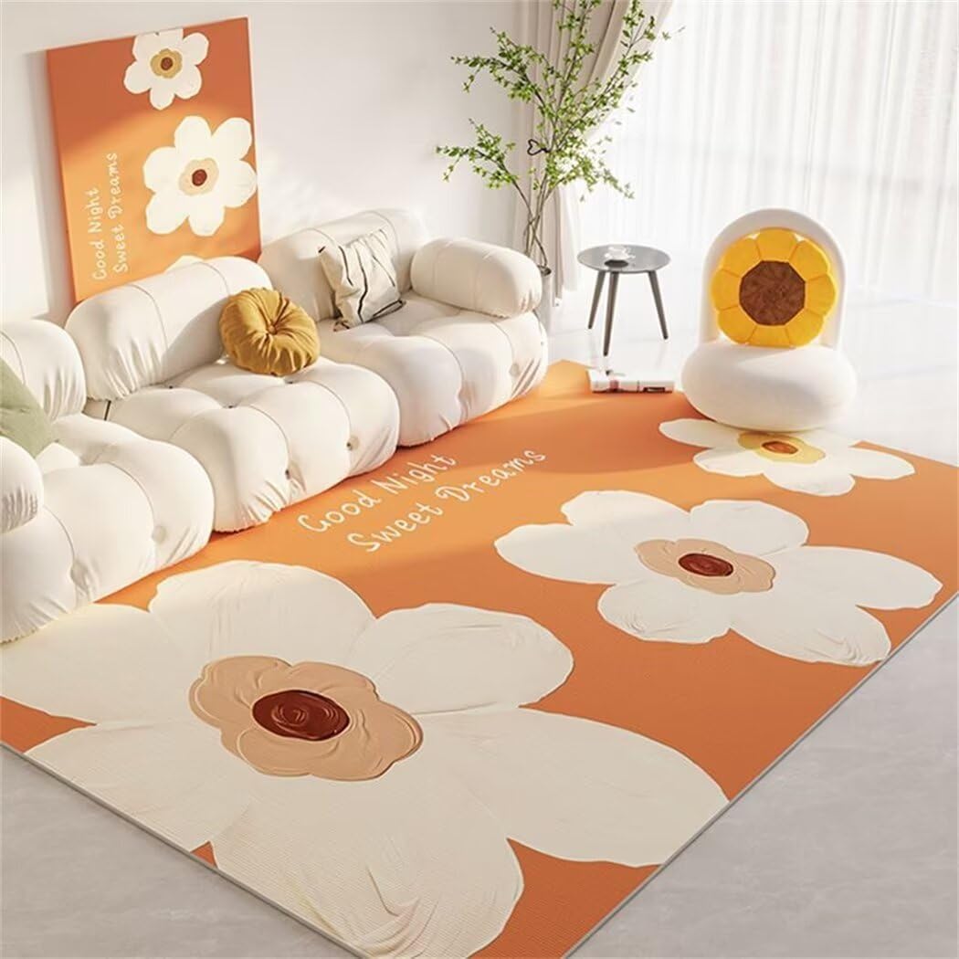 Tapis de chambre enfant pas chere fleurs orange pour bébé fille 50x80