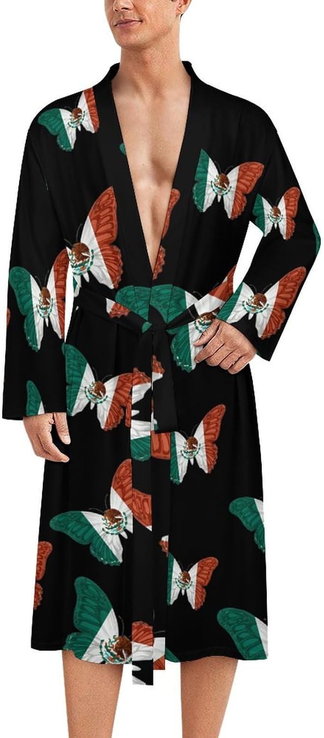 Mexican Butterflies Mexico Flag Casual Robes Bathrobe Knee Length V-neck Loungewear Sleepwear