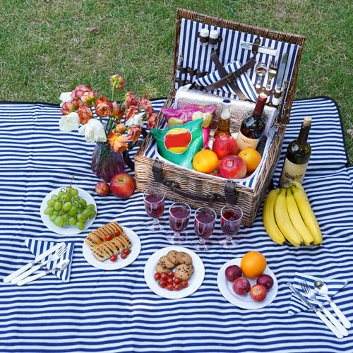 Image of Picnic Basket for 4 Persons - Baskets with Cooler and Picnic Blanket, Classical Wicker Picnic Basket with Waterproof & Sand-Proof Beach Mat,Willow Hamper Service Gift Set