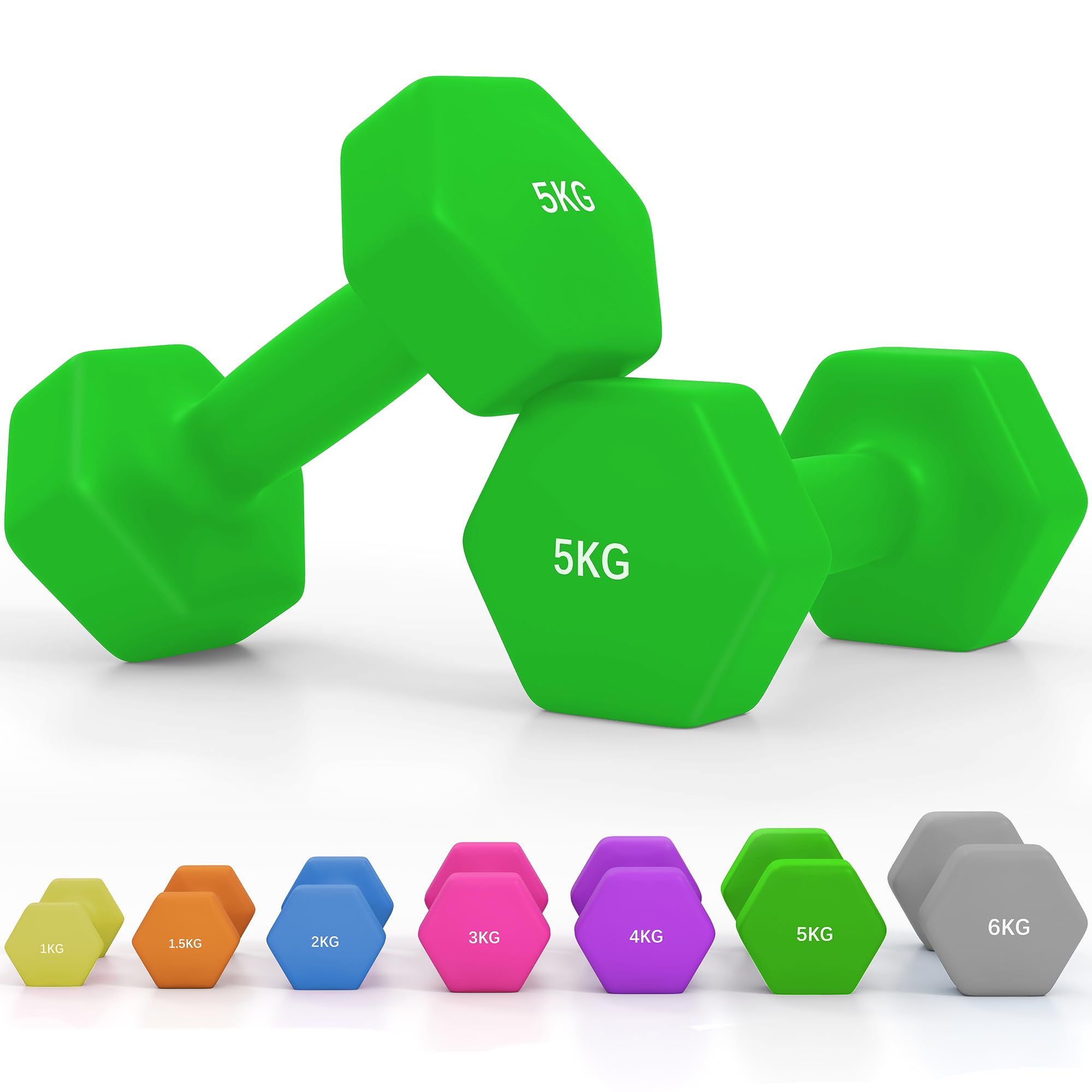 SPORTNOW Hex Dumbbells, Neoprene Weights Pair with Non-Slip Grip, Home Gym Fitness Training Equipment, 2 x 1.5kg, 2 x 2kg, 2 x 3kg, 2 x 4kg, 2 x 5kg, 2 x 6kg, Pink, Purple, Green, Blue, Orange, Grey