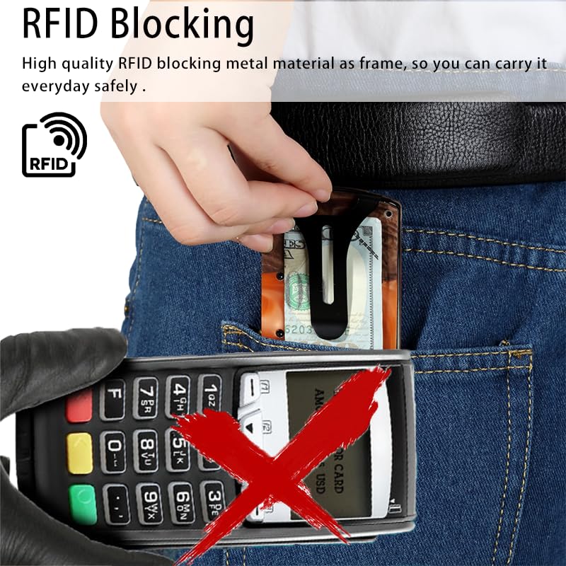Image of Wallet for Men, Minimalist Slim RFID Blocking Resin Wood Credit Card Holder with Money Clip, Easily Removable Cash&Card Metal Wallet,Resin River,Natuarl Walnut Wood,Unique Pattern,Gift for Men