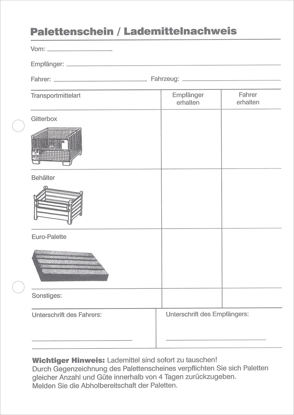 RNKVERLAG 2035 - Palettenschein/Lademittelnachweis -Block - SD, 4 x 25 Blatt, DIN A5, 1 Stück