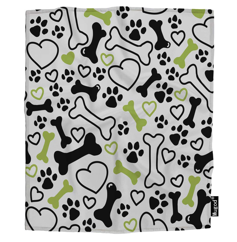 Mugod Dog Pattern Blanket Puppy Bones Hearts Paw Trace Footprint Green Black White Fuzzy Soft Warm Flannel Throw Blankets for Boys Girls Dog Cat Home Couch Outdoor Travel Use 40W x 50H Inch