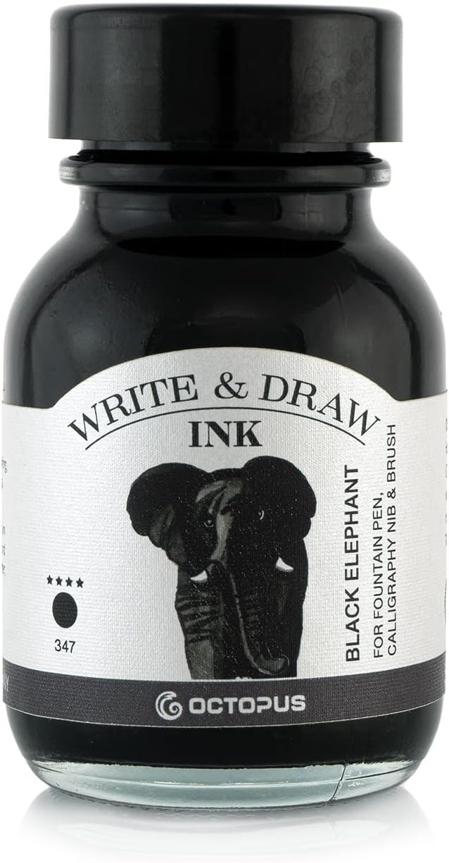 Octopus Write and Draw 347 Black Elephant Waterproof Ink for Writing, Drawing, and Calligraphy - Non-fading for Fountain Pen, 50 ml