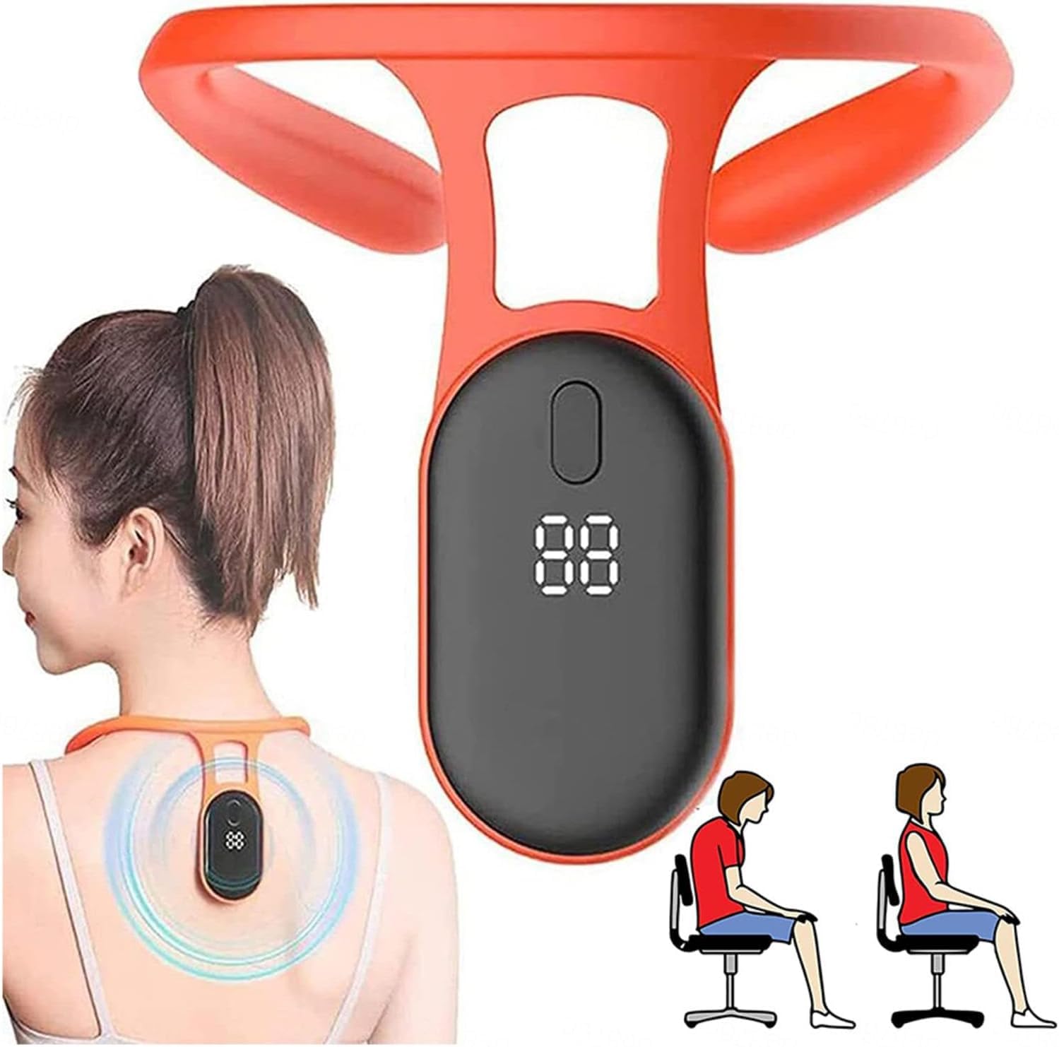 Fyearfly Smart Posture Corrector worn on a person's back, with a diagram showing correct vs. incorrect sitting posture.