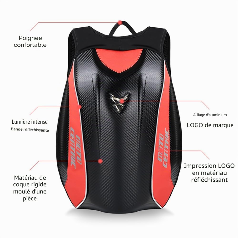 Sac à dos de moto imperméable en fibre de carbone avec coque rigide réfléchissante