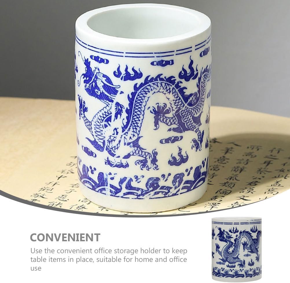 Ceramic Pencil Holder Pen Storage Container, Multifunctional Desktop Organizer for Home Office School, Blue White Decorative Pen Holder, 4.72 X 3.93 Inches