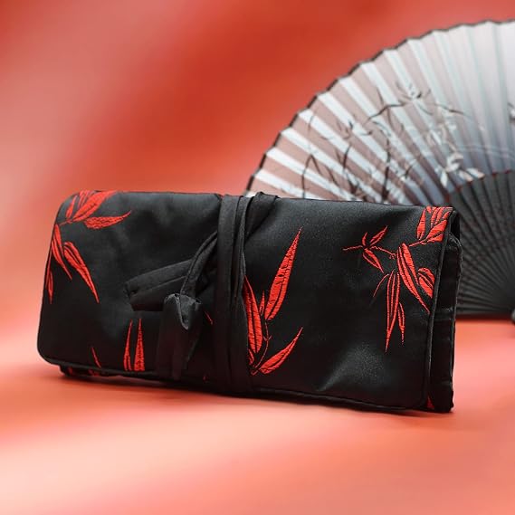 Wei Long Jewelry Roll, Travel Jewelry Roll Bag, Silk Embroidery Brocade Jewelry Organizer Case with Tie Close (Bamboo, Black)