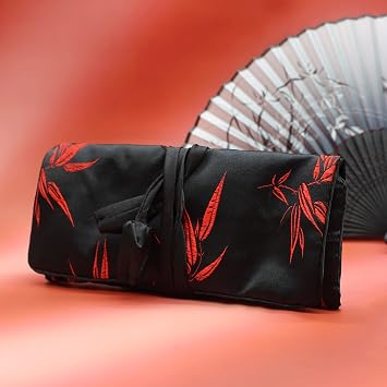 Wei Long Jewelry Roll, Travel Jewelry Roll Bag, Silk Embroidery Brocade Jewelry Organizer Case with Tie Close (Bamboo, Black)