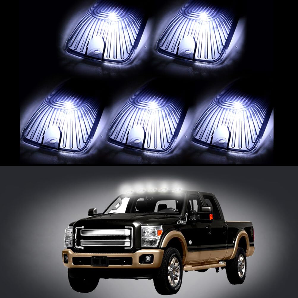 LBRST 5x Smoke Top Roof Light Cover Lens w/White LED Bulbs Cab Clearance Marker LED Cab Marker Roof Running Lights for 1988-2002 Chevy/GMC CK1500/2500/3500/4500/5500/6500/7500 Trucks Light