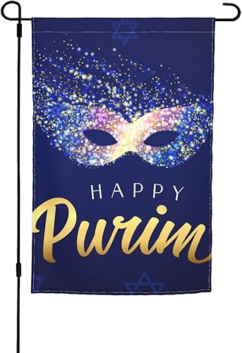 Happy Purim Day - Banderas de jardín de carnaval judío de 12 x 18 pulgadas, banderas de patio de doble cara para habitación, festivales, fiestas,