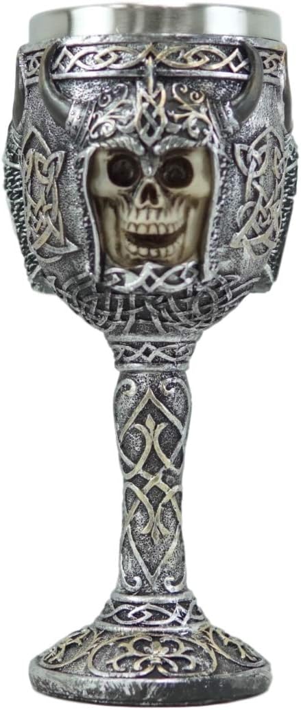 Ebros Viking Berserker Skull With Bison Horned Helmet Wine Goblet 7oz With Celtic Knotwork Patterns Vintage Chalice Cup With Food Safe Stainless Steel Liner As Halloween Ossuary Macabre Skulls Accent