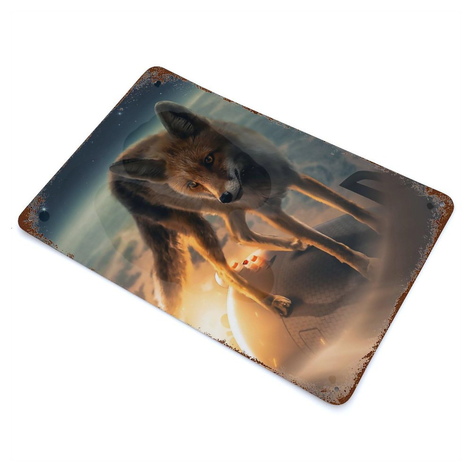The Fox on The Rocket Rusty Metal Tin Sign 11.8"x7.9", for Farmhouse, Kitchen And Entryway Decor, Rustic Home Decor