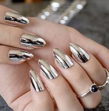 Silver Metallic Press On Nails - Long Almond Stiletto Fake Nails with Nail Glue, Reusable Chrome Nail Tips - Glue On Nails 24 Nail Kit, Titanium Touch