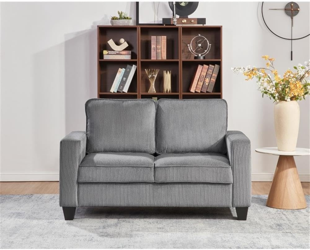 MAKLAINE 57" W Corduroy Loveseat Sofa, Gray Upholstered Fabric, Built-in USB Port, Side Storage Pockets, Compact Modern Design for Small Living Rooms, Apartments, Studios or Cozy Spaces