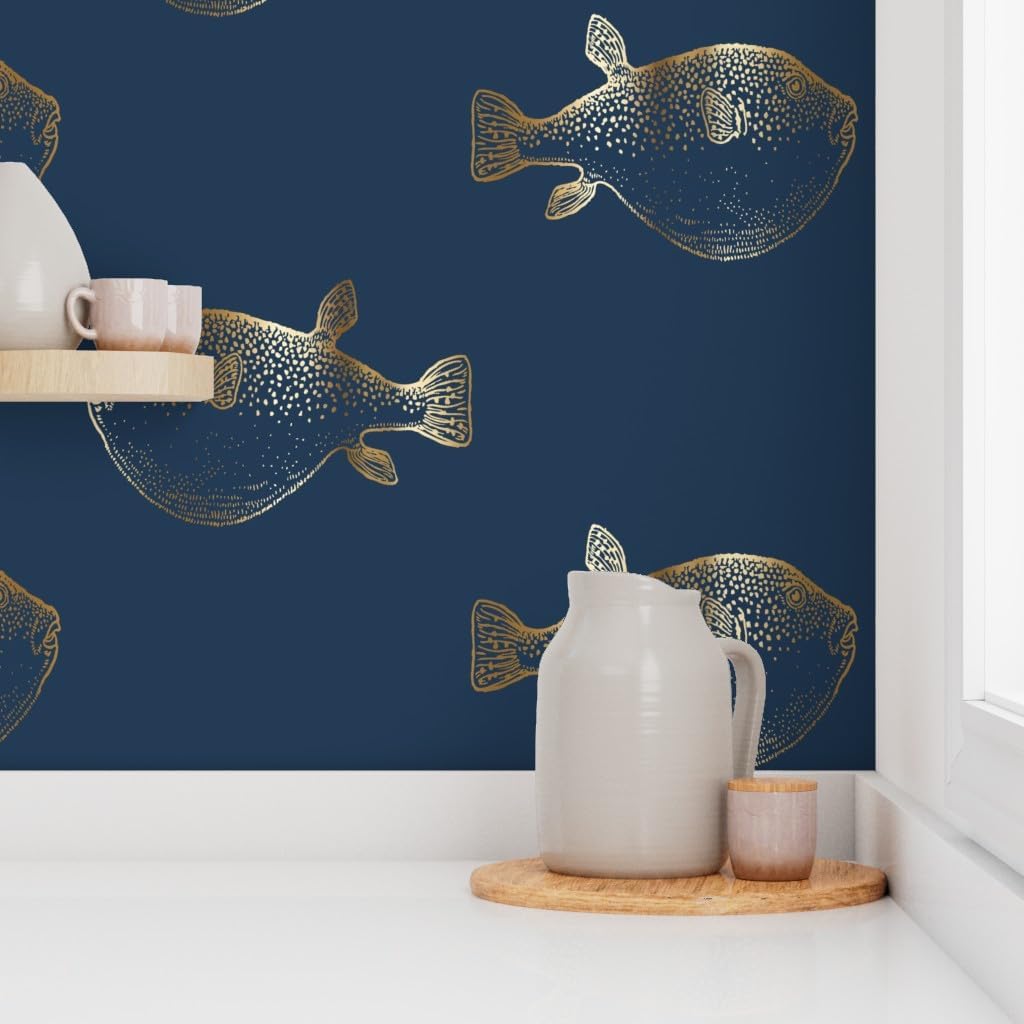 Removable Wallpaper 3ft x 2ft - Pufferfish Blowfish Faux Gold Navy Dark Blue Sea Life Custom Pre-Pasted Wallpaper by Spoonflower