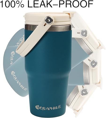 Miniatura 3 de Vaso de café de 20 onzas con asa, vaso de café aislado con tapa 2 en 1 a prueba de fugas y popote, taza de café aislada al vacío de doble pared,