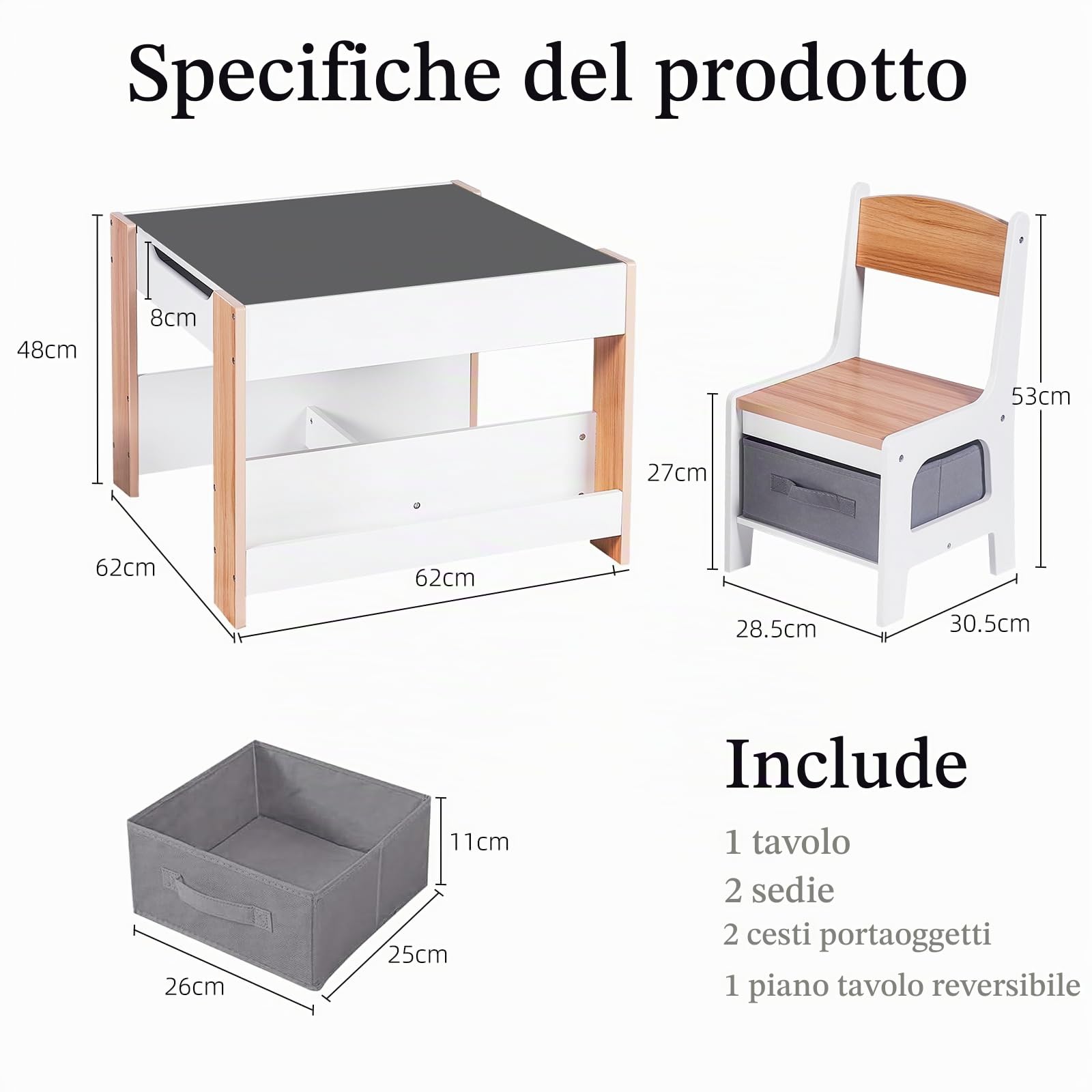 Asweets Tavolino Legno Bambini con 2 Sedie, Set di Tavolo Multiattivita Bambini con Lavagna e Vano Portaoggetti e Scaffalature, Tavolo Interattivo da Disegno, Costruzioni, Studio per Bimbi 3-6 Enni