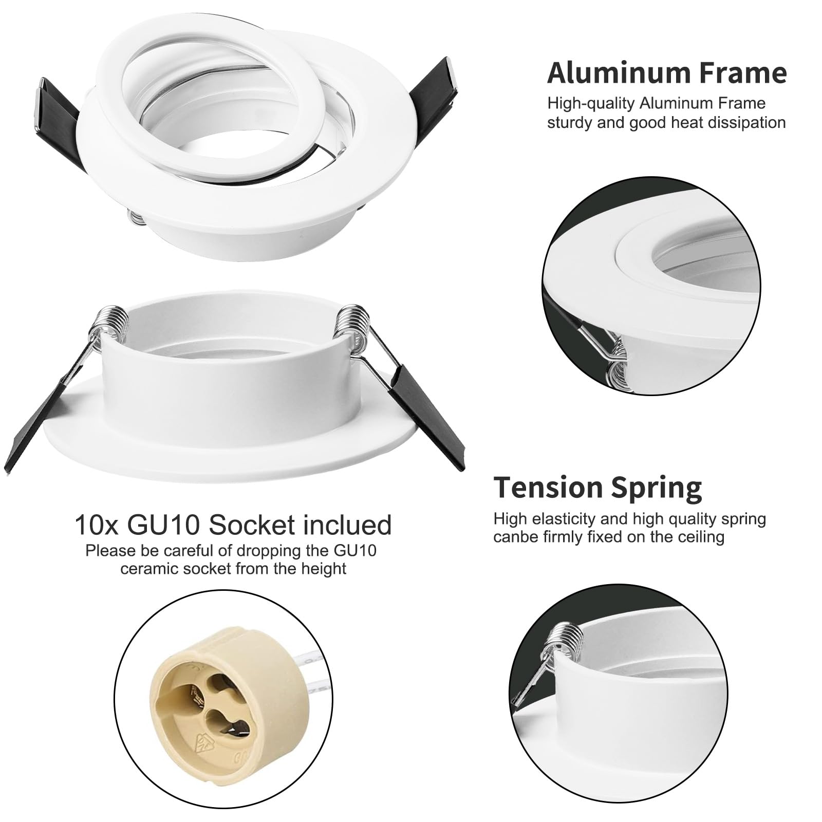 GeyouLux Marco Foco Empotrable Blanco Incl. GU10 Zócalo Ojos de buey led para techo Aluminio Downlight led techo empotrable Para Ø50MM MR16 Lámparas O Halógena Baño Sala Cocina, 6 Pack, 68mm