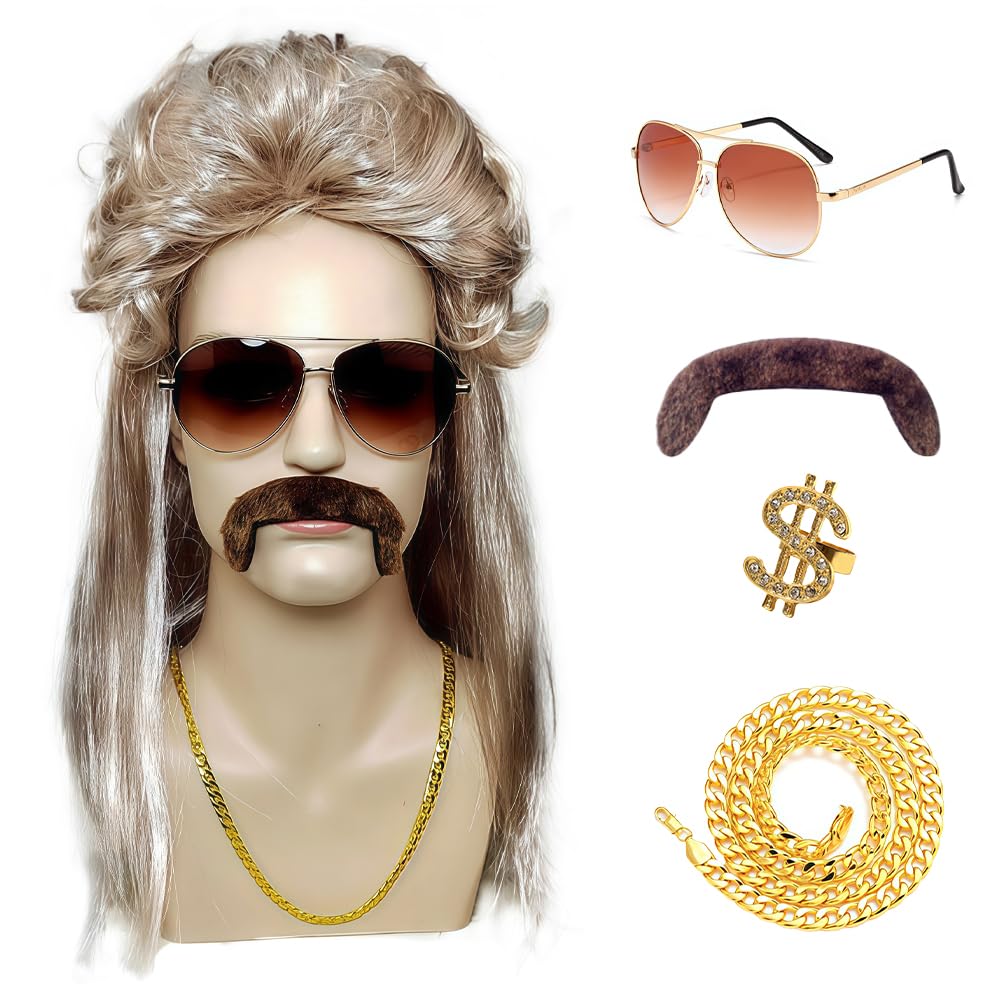 Eduplayte Men's Brown 5Pcs Set 70S 80S Disco Wig, Set 80S Wig, Mullet Wig Retro Pop Rock Curly Mullet Wigs For Rocker Hippies Costume Cosplay Halloween Party Halloween Costume Party (Dark )