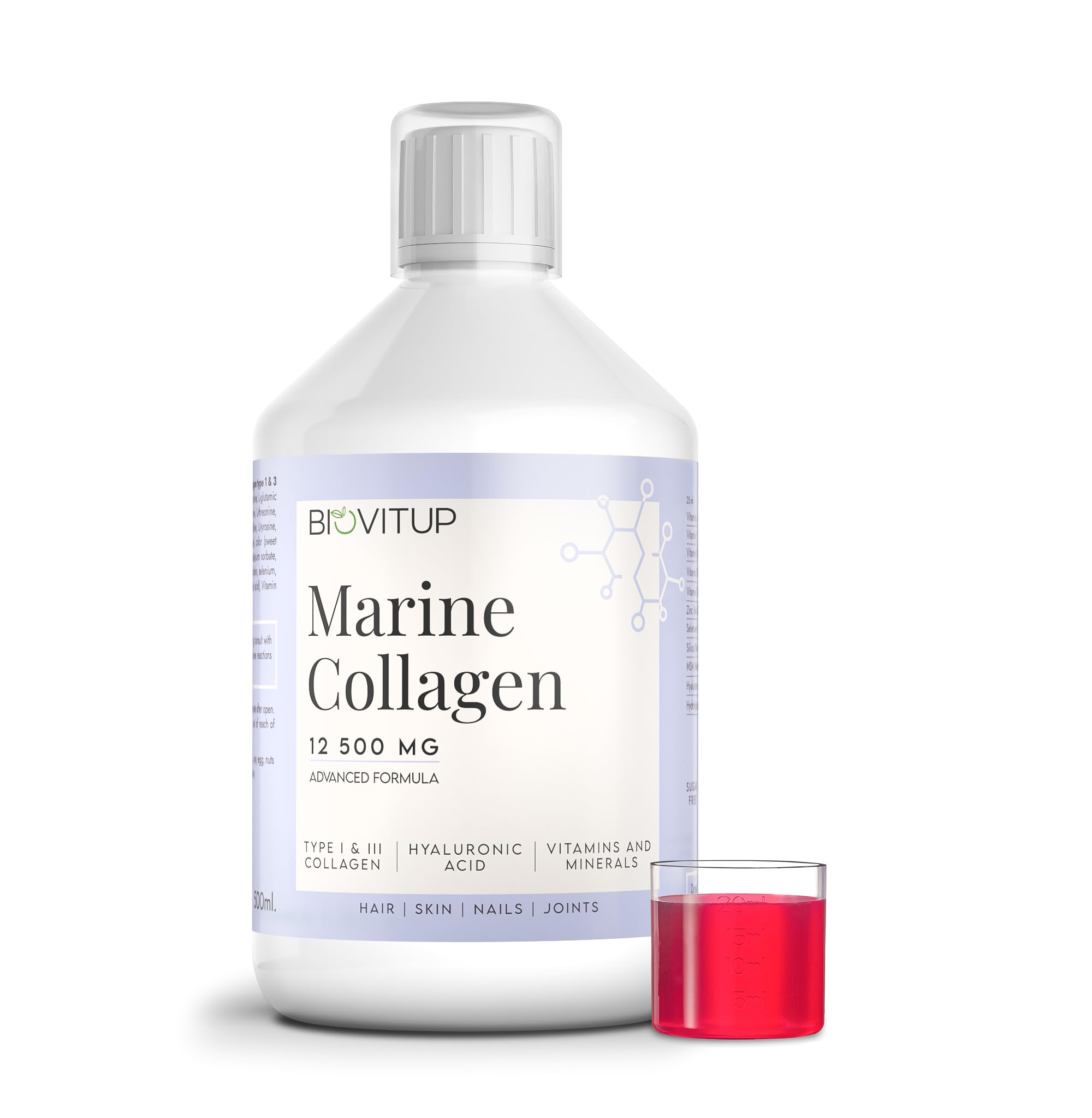 Marine Collagen 12500 mg – Flüssiges Meereskollagen mit Vitamin C, Hyaluronsäure, Biotin & Zink – Premium Kollagen Drink für Haut, Haare & Nägel – 500 ml