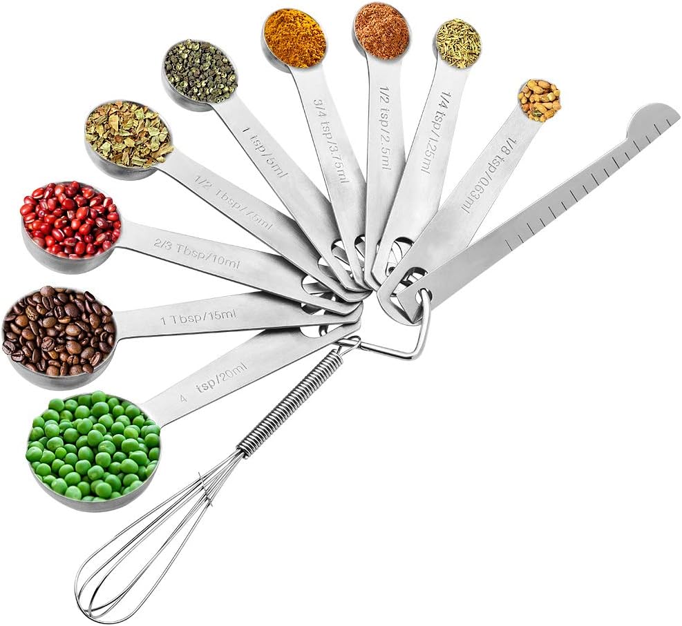 Measuring Spoons Stainless Steel, Set of 11, Includes 9 Stainless Steel Measuring Spoons, Leveler and Whisk, Teaspoon Tablespoon Set for Measuring