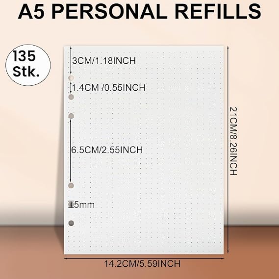 A5 Paper Dotted A5 6 Ring Binder Planner Inserts 135 Sheets Refill Paper Refillable Refill Paper Refill Inserts for Notebook Sketch Diary Painting Bullet Journal