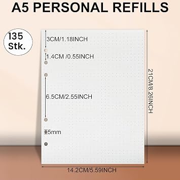 A5 Paper Dotted A5 6 Ring Binder Planner Inserts 135 Sheets Refill Paper Refillable Refill Paper Refill Inserts for Notebook Sketch Diary Painting Bullet Journal