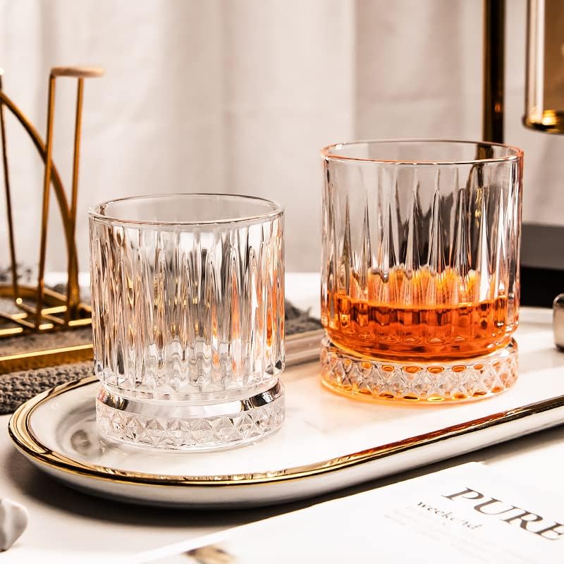 Image of Premium Crystal Whiskey Glass Set of 4, 300 ml Cut Glass Design, Heavy Base Tumbler for Bourbon, Scotch & Cocktails (4, Dark Line)