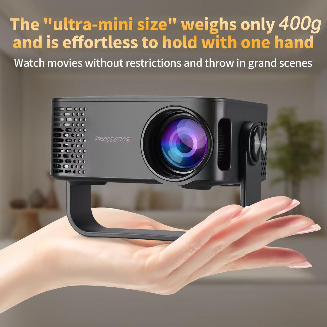 Mini Proiettore, 4K 1080P Proiettore Portatile con Zoom, Support WiFi Rotabile 360°, Video Projector TV Home Cinema per Cellulari Tablet/Laptop/PC/HDMI/USB(Nero)