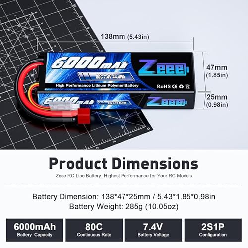 Zeee 2S Lipo Battery 6000mAh 7.4V 80C Hard case Battery with T Plug for 1/8 and 1/10 RC Vehicles Car RC Buggy Truggy RC Airplane UAV Drone FPV