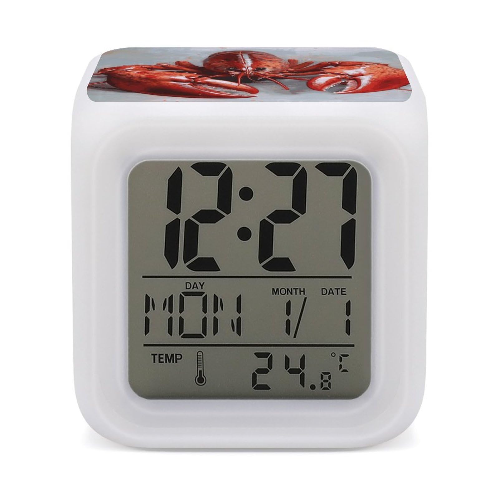 FodPand 7 Color Ambient Night Light Cube Battery Operated Lobster Digital Clock with Snooze Temperature LED Digital Alarm Clocks Dimmable Wake Up Light Portable Mood Lamp for Bedroom Desk Gift